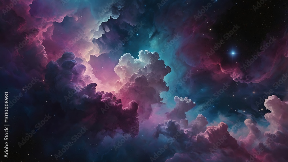 Fototapeta premium Digital artwork depicting a vibrant and colorful cosmic scene with blue and pink clouds, cosmos nebula space abstract background