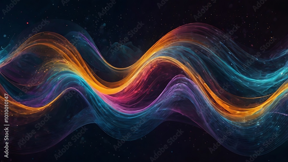 Abstract fractal digital design of pink, orange, purple and blue waves and curves with a smooth motion textured background on a solid black wall Abstract fractal digital design of pink, orange, purple and blue waves and curves with a smooth motion textured background on a solid black wall