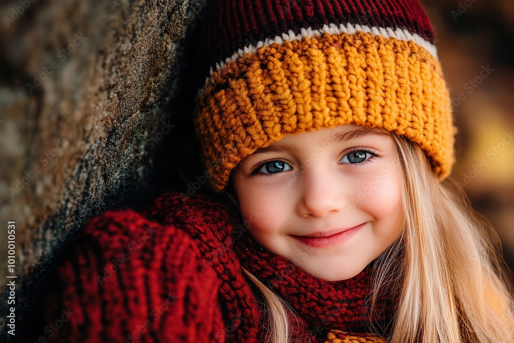 young girl smiling warmly in cozy knitted hat and scarf, embracing autumn colors with soft natural light, close-up portrait capturing childhood joy and seasonal warmth young girl smiling warmly in cozy knitted hat and scarf, embracing autumn colors with soft natural light, close-up portrait capturing childhood joy and seasonal warmth
