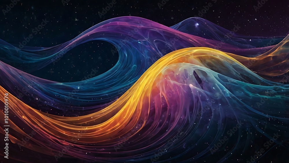 Fototapeta premium Abstract fractal digital design of pink, orange, purple and blue waves and curves with a smooth motion textured background on a solid black wall