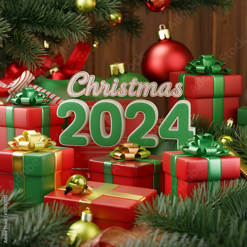 Christmas 2024 Scene with Festive Decorations, Red and Green Gift Boxes, Ornaments, Ribbons, Warm Lighting, and a Cozy Holiday Atmosphere in 3D Rendering