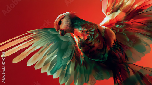 Crimson Wings: A vibrant parrot in flight, its feathers ablaze with crimson, teal, and gold, against a rich red backdrop. A captivating image perfect for branding, design, or artistic expression. photo