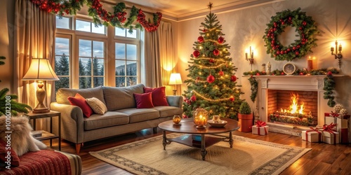 Cozy living room with beautiful Christmas decorations, cozy, living room, Christmas, decorations, holiday