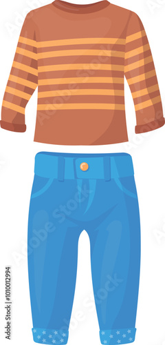 Kid jeans and sweater. Cartoon schoolkid outfit icon