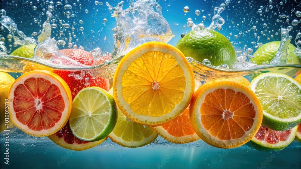 Fresh fruits submerged in water (orange, lemon, lime, grapefruit), citrus, vibrant, colorful, refreshing, healthy, juicy Fresh fruits submerged in water (orange, lemon, lime, grapefruit), citrus, vibrant, colorful, refreshing, healthy, juicy