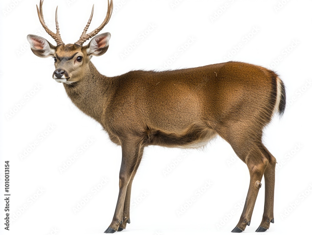 Standing alone against a bright white backdrop, the sambar deer exhibits its impressive form and fully extended antlers, symbolizing strength in the wild. Standing alone against a bright white backdrop, the sambar deer exhibits its impressive form and fully extended antlers, symbolizing strength in the wild.