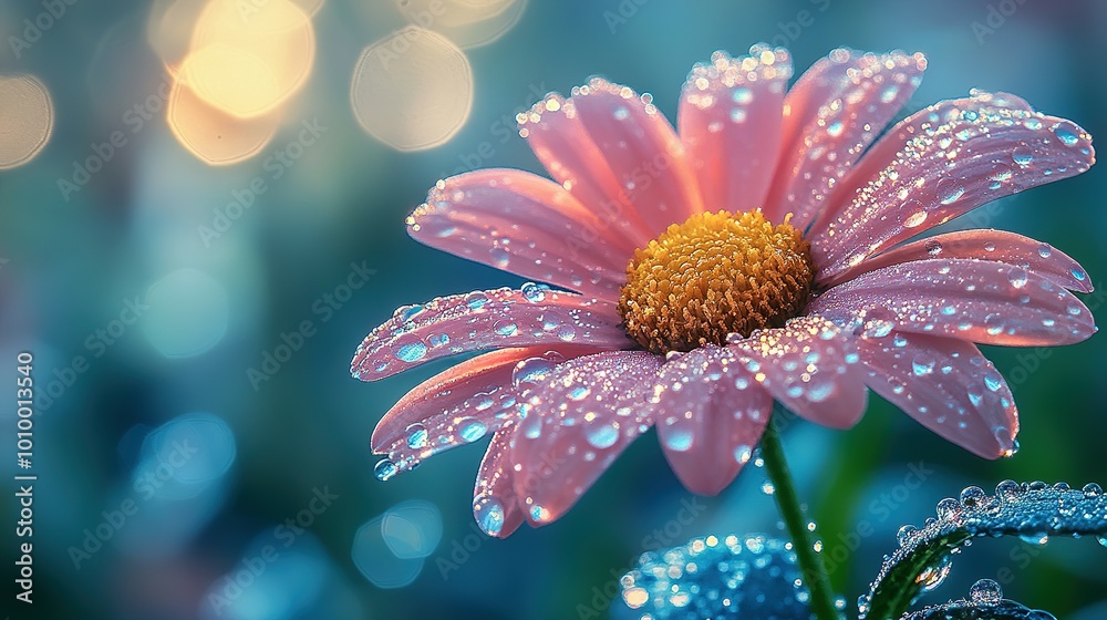 Pink Daisy Flower Covered in Dew Drops Pink Daisy Flower Covered in Dew Drops