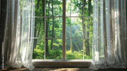 A picturesque open window with billowing white curtains extending a view into a sunlit, verdant green forest, evoking a sense of peace and natural beauty within the home.