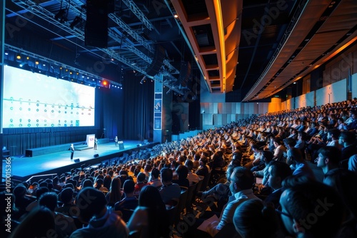 A large crowd of people are sitting in a theater watching a presentation, generative ai image
