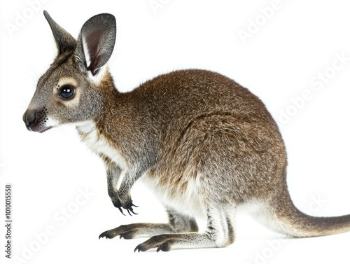 wallaby stands proudly upright, emphasizing its slim, muscular legs. The creature exudes an air of confidence, set against a pristine white backdrop, highlighting its natural beauty.