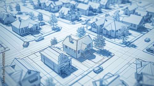 A detailed blueprint-style drawing showing a suburban neighborhood with houses and streets. The image conveys meticulous planning and architectural precision.