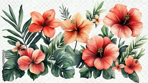 Watercolor Painting of Pink and Orange Hibiscus Flowers with Green Tropical Leaves