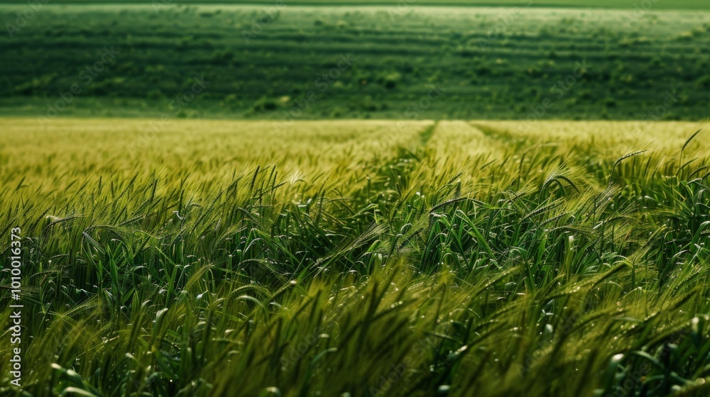 Obraz premium A serene landscape image showcasing a lush green field full of wheat grass, with rows of grass creating a sense of depth and tranquility in the countryside.