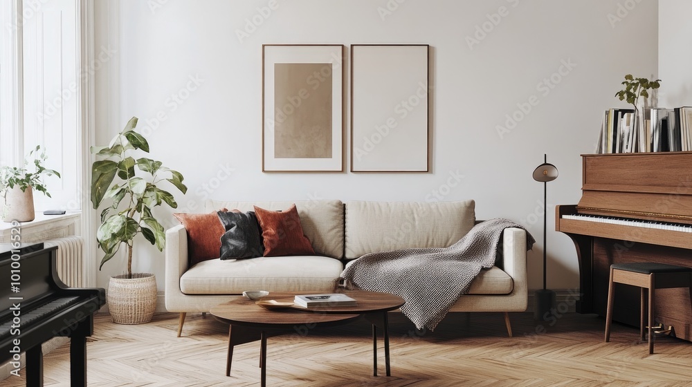 Modern Living Room with Sofa, Piano, and Wooden Coffee Table Modern Living Room with Sofa, Piano, and Wooden Coffee Table