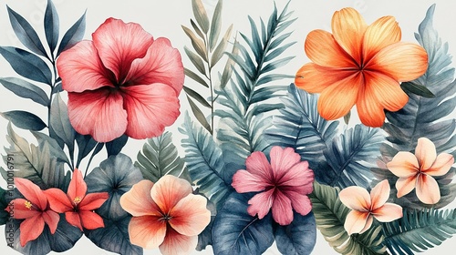 Watercolor Painting of Tropical Flowers and Foliage