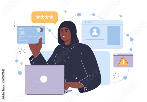 Hacker with laptop. Man in black hoodie with computer. Phishing and data stealing. Malware and cybercrime, hackers attack. Thread on internet. Flat vector illustration isolated on white background