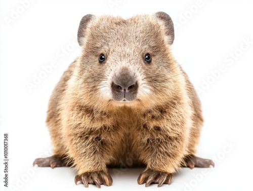 wombat sits quietly, its soft, thick fur and small ears on display against a clean white backdrop. This adorable creature exudes calmness and charm in its stillness.