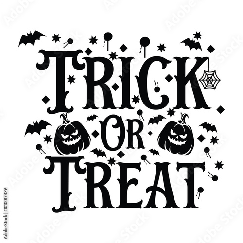 Trick or Treat Typography Vector with Halloween Icons, Pumpkins, Bats, Webs, and Spooky Elements in a Fun and Festive Halloween Design for Holiday Decorations
