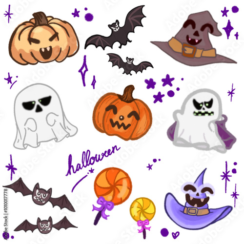 Adorable Halloween Cartoon Illustration – Featuring Bats, Ghosts, Pumpkins, and Witch Hat for Halloween Designs, Banners, Invitations, Posters, and Social Media Graphics – Fun and Cute Halloween Art photo