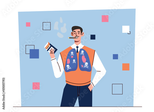 Man with harmful smoking. Young guy smokes cigarette. Nicotine and tobacco addiction. Harmful lifestyle and bad habits. Damage for lungs. Flat vector illustration isolated on white background