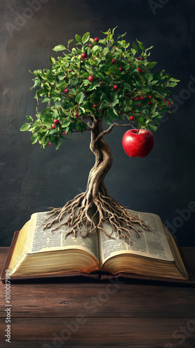 Digital painting of a tree with apples on it sitting on an open Bible representing the tree of the knowledge of good and evil from the book of Genesis. 
