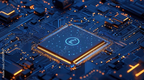 A glowing blue and orange symbol on a circuit board photo