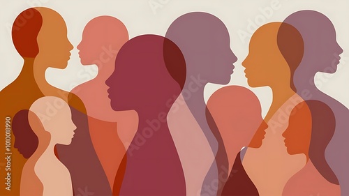 Abstract silhouettes of diverse women with soft overlapping color tones