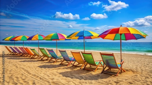 Sandy seashore with colorful umbrellas and beach chairs   beach  sea  sand  vacation  relaxation  summer  coast  ocean  tourism