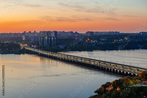 Evening Voronezh. Northern bridge over Voronezh river, aerial view photo