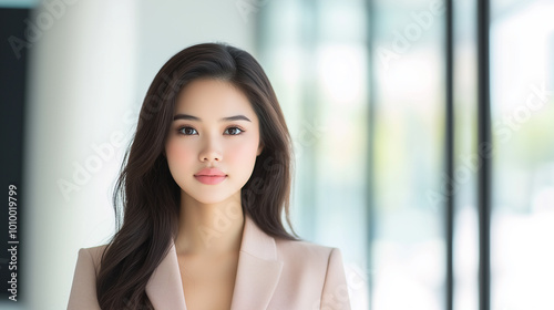 confident woman in professional setting, wearing beige blazer, stands in front of large windows with natural light streaming in.