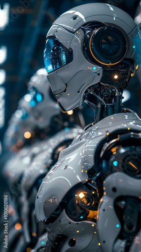 Advanced humanoid robots, half-mechanical and half-organic, in a futuristic factory