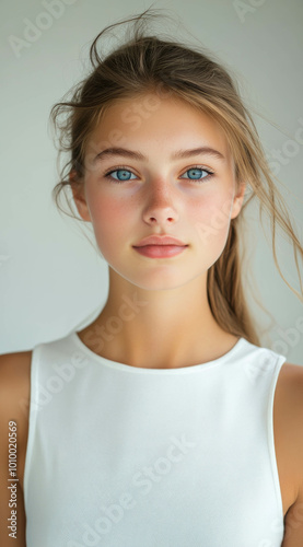 Beautiful girl with blue eyes  wearing a white sleeveless top  in soft lighting against a light background