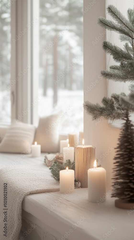 Cozy winter scene with candles and fir branches by the window, perfect fireplace decor for christmas and new year celebrations Cozy winter scene with candles and fir branches by the window, perfect fireplace decor for christmas and new year celebrations