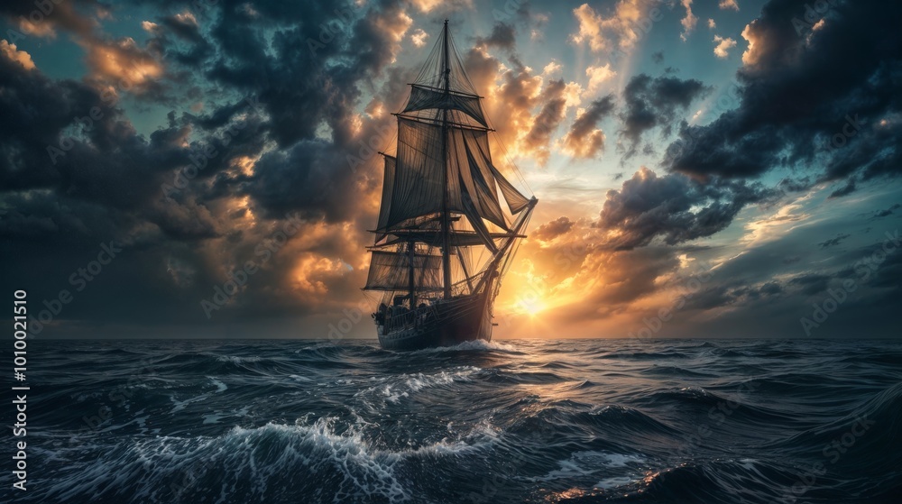 Obraz premium A majestic tall ship with full sails glides through the ocean towards the sunset, set against a dramatic sky and waves..