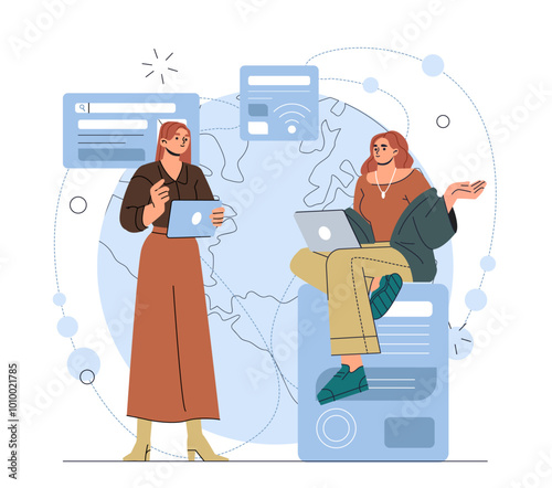 Women with hyper connectivity. Young girls with laptops with articles on internet. Mental and psychological problems. Depression and frustration. Flat vector illustration isolated on white background