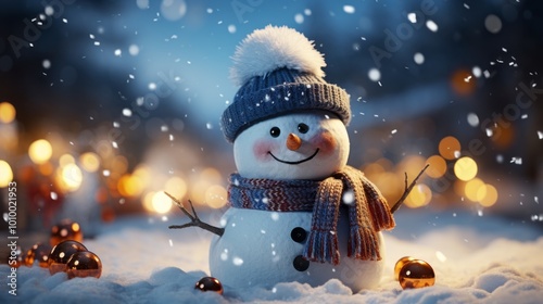 smiling snowman wearing a hat and scarf, standing on the snow surrounded by Christmas decorations. Perfect for holiday cards, website decorations, or wallpapers during the winter and Christmas season