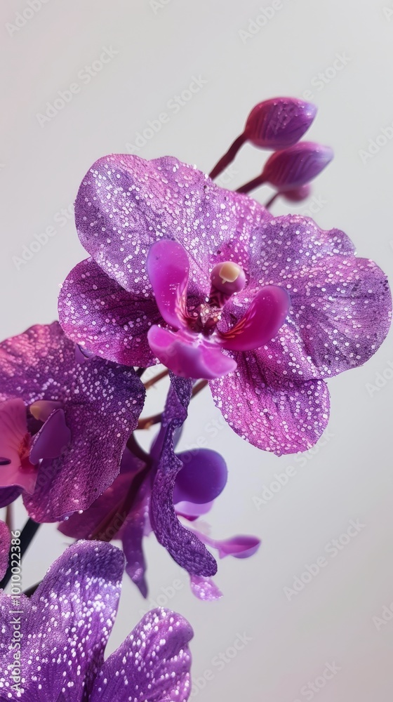 Fototapeta premium glitter plum purple shimmer orchid flowers, close up, with a white background 