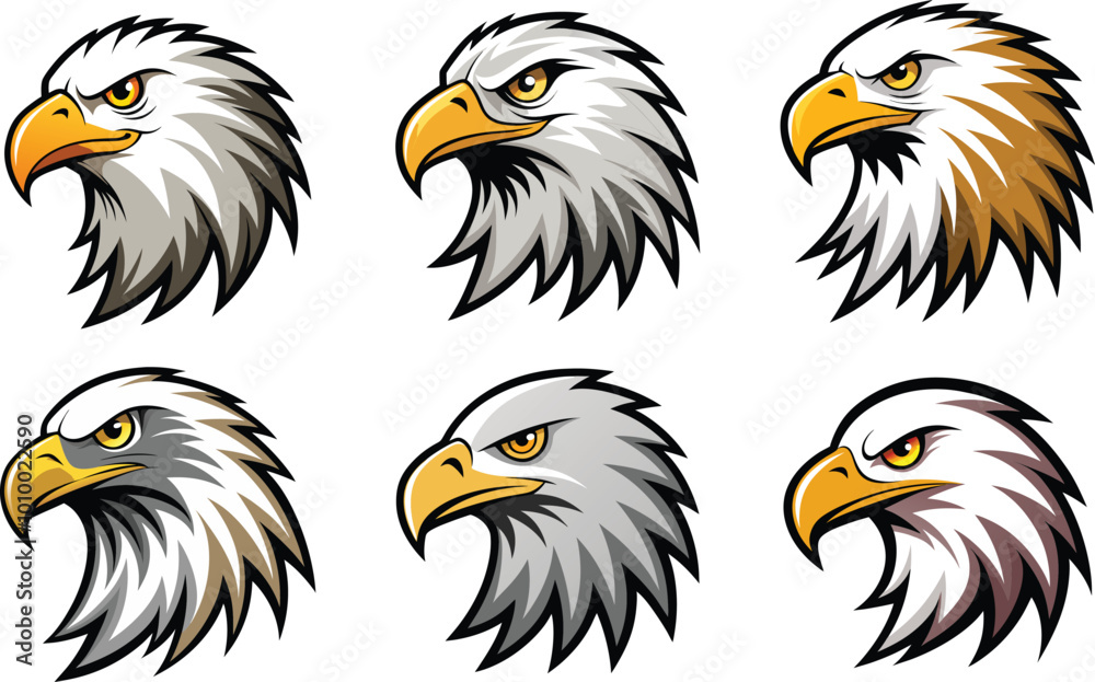 Fototapeta premium Elevate your designs with this pack of 6 striking eagle head silhouettes. Perfect for logos, emblems, labels, merchandise, wildlife themes, and patriotic projects. Easy to customize.