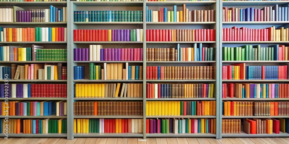Books in a library setting with colorful spines on shelves, library, education, reading, literature, knowledge Books in a library setting with colorful spines on shelves, library, education, reading, literature, knowledge