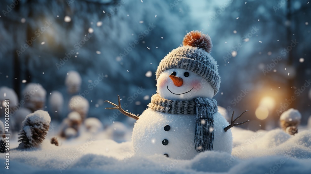 smiling snowman wearing a hat and scarf, standing on the snow surrounded by Christmas decorations. Perfect for holiday cards, website decorations, or wallpapers during the winter and Christmas season smiling snowman wearing a hat and scarf, standing on the snow surrounded by Christmas decorations. Perfect for holiday cards, website decorations, or wallpapers during the winter and Christmas season