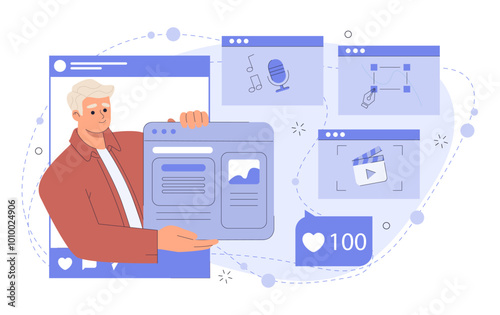 Influencer marketing concept. Man with posts for social networks and messenger. Promoting content and company on Internet. Marketer and famous personality. Flat vector illustration