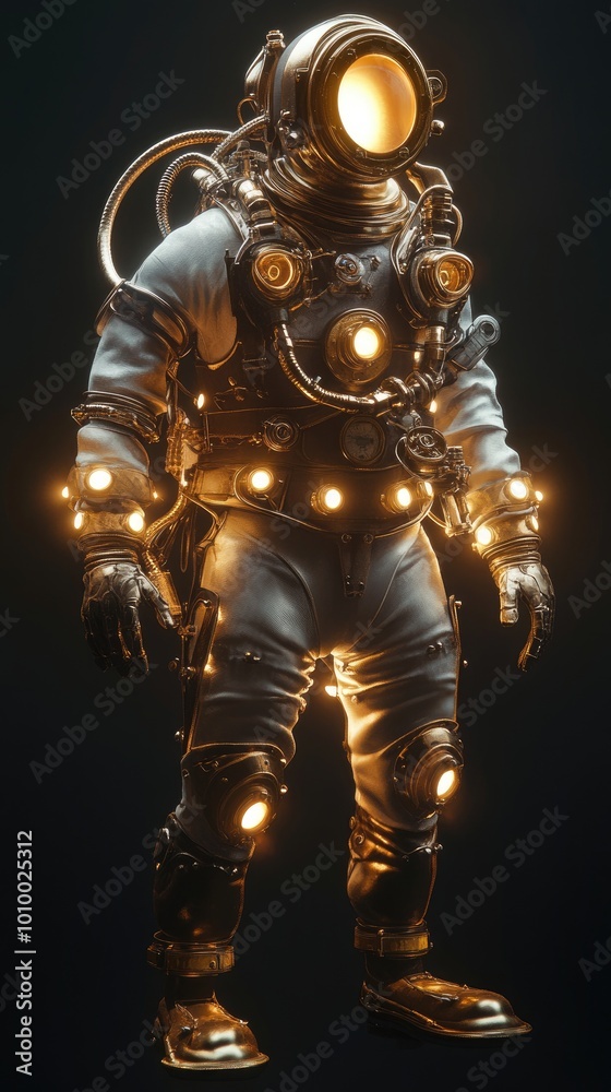 Fototapeta premium A Golden Steampunk Diving Suit with Glowing Lights