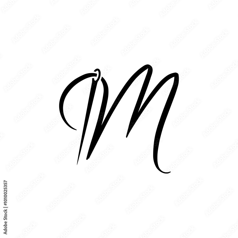 script letter initial m with sewing needle logo script letter initial m with sewing needle logo