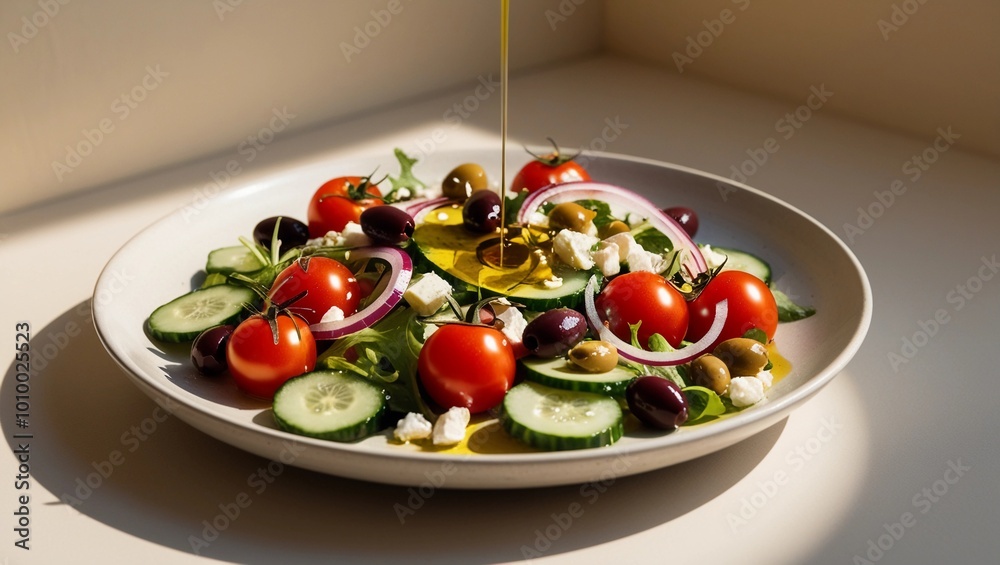 Drizzling Olive Oil on Fresh Greek Salad with Olives and Feta Cheese
Drizzling Olive Oil on Fresh Greek Salad with Olives and Feta Cheese