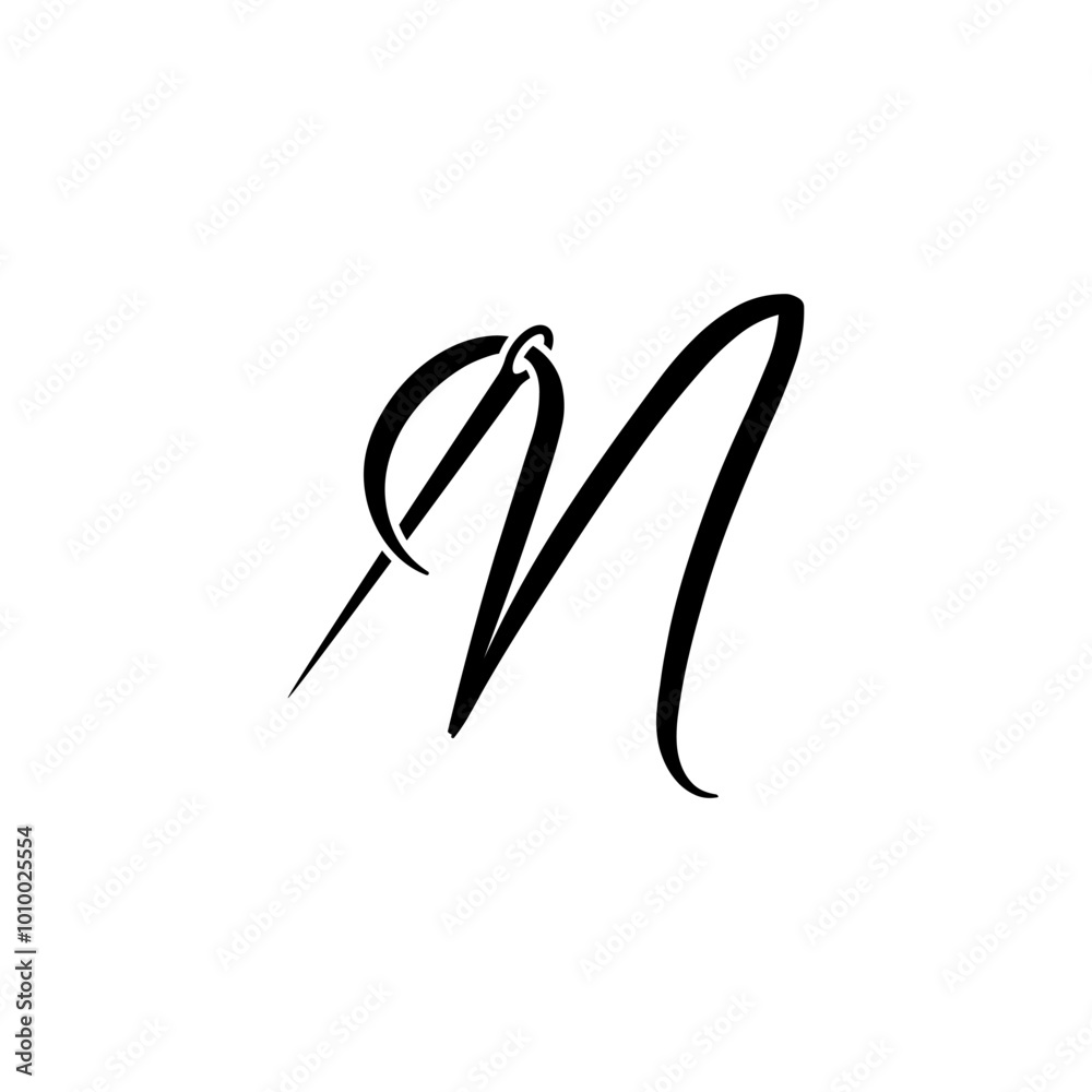 script letter initial n with sewing needle logo script letter initial n with sewing needle logo