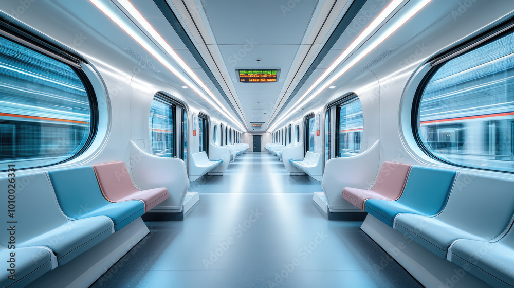 Obraz premium A train with a green sign on the wall. The train is empty. There are many seats in the train