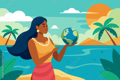 woman holding globe on exotic beach