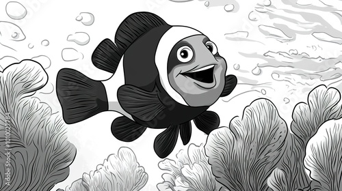 Charming cartoon illustration of a smiling black and white clownfish swimming playfully in the ocean. This delightful artwork showcases the whimsical nature of marine life, making it ideal for childre photo