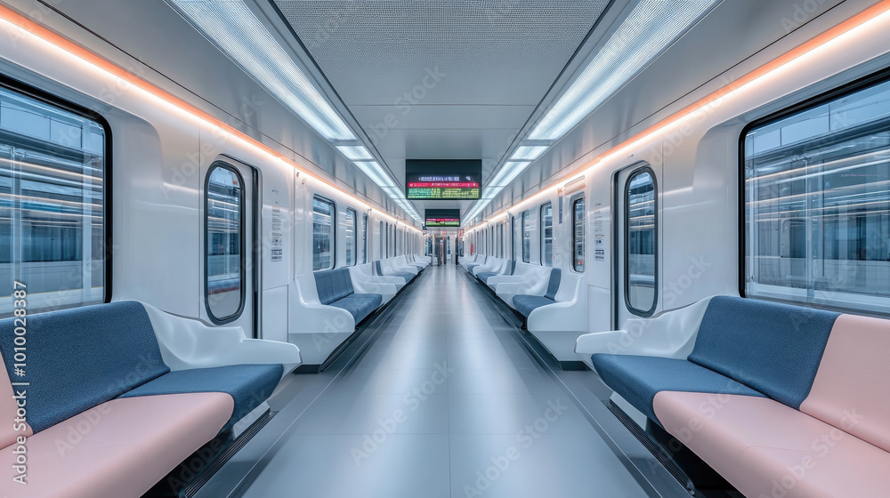 Obraz premium A train with a pink and blue seat. The seats are empty. The train is long and has a lot of windows