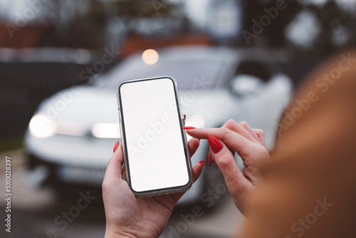 Woman charging electric car and making time adjustment on a smartphone